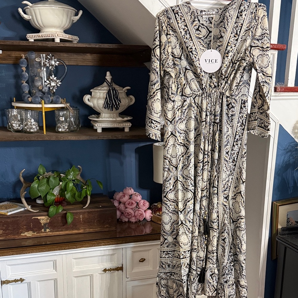 Cream and Black Paisley Maxi Dress -